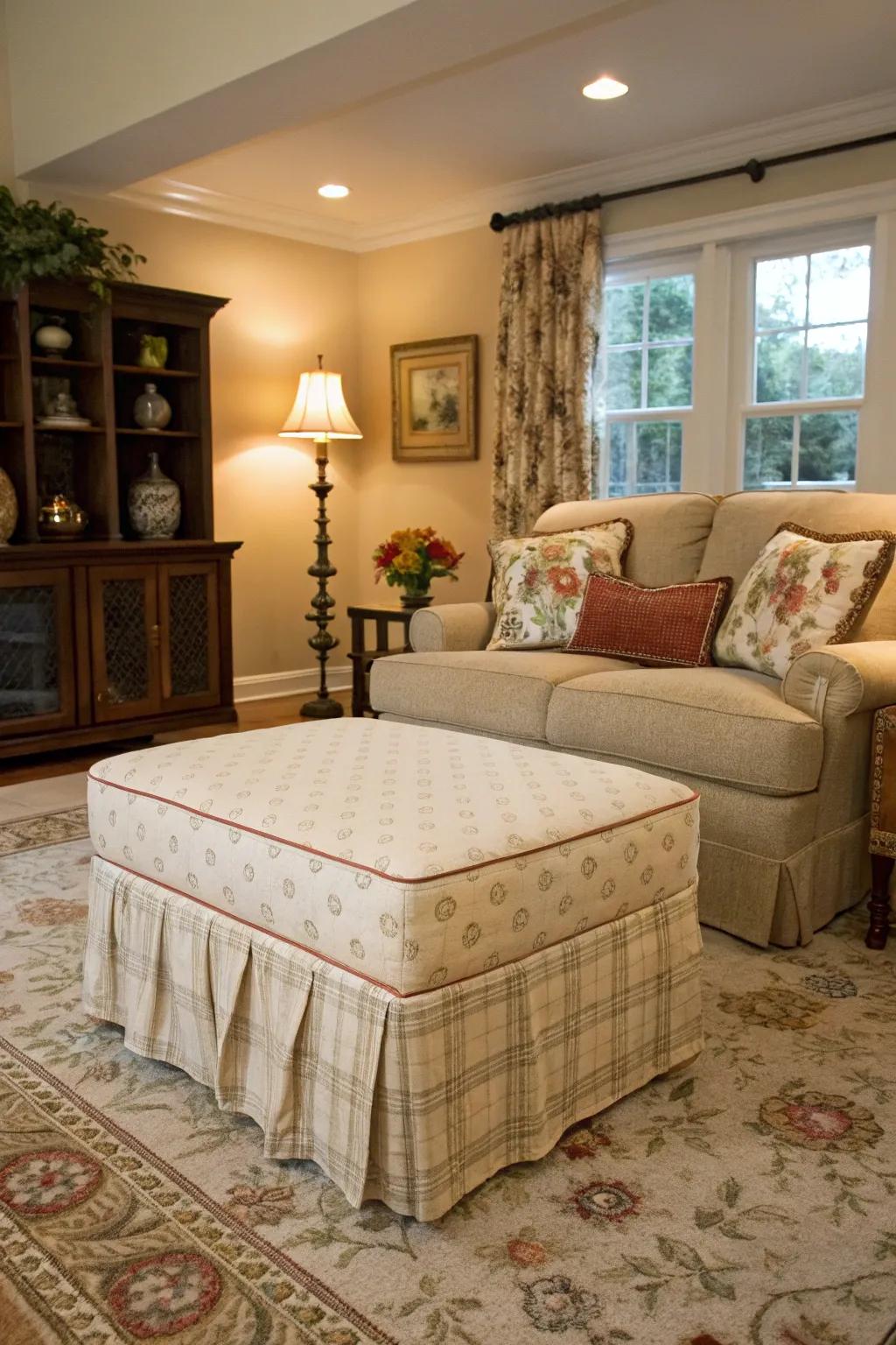 Seasonal slipcovers give this ottoman a new look.