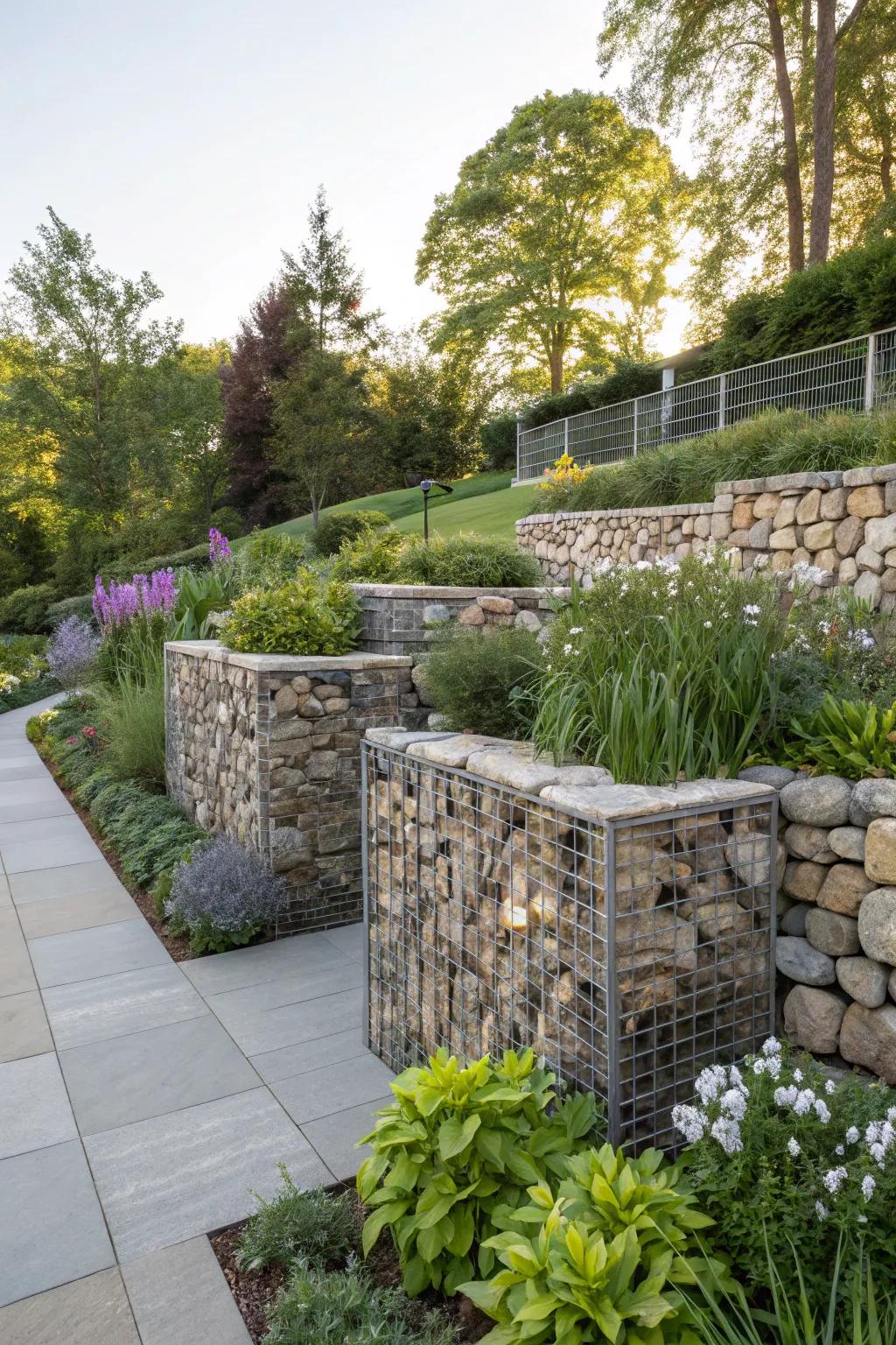 Gabion walls merge contemporary design with natural components.