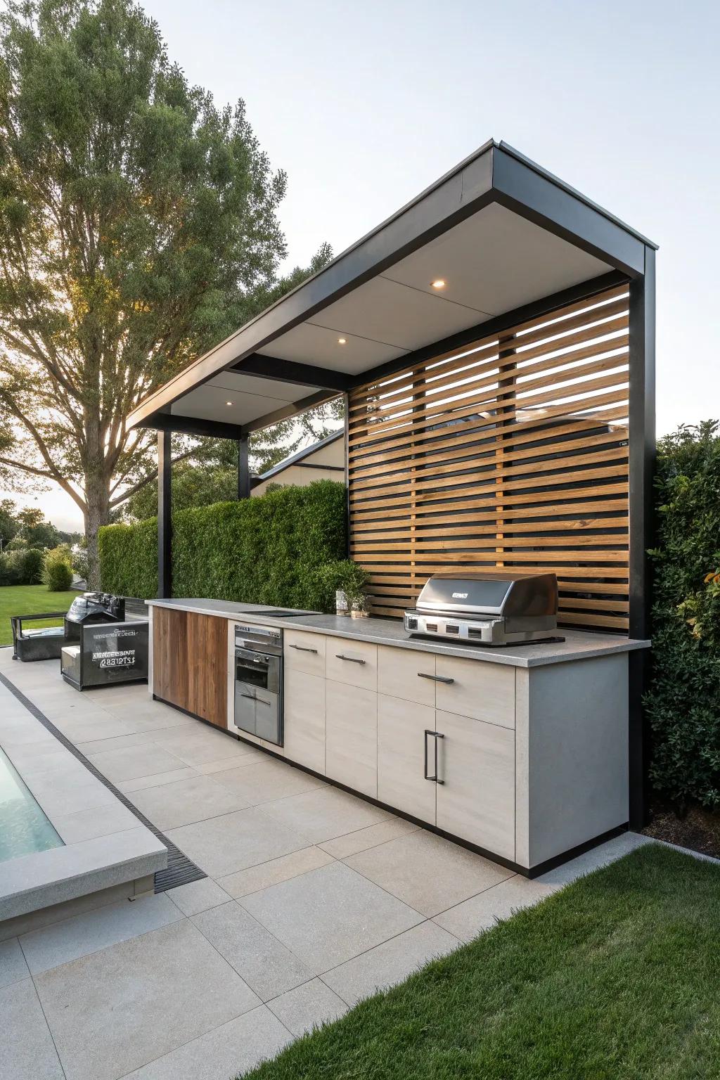 A functional cooking station with a stylish slatted wall that offers extra storage.