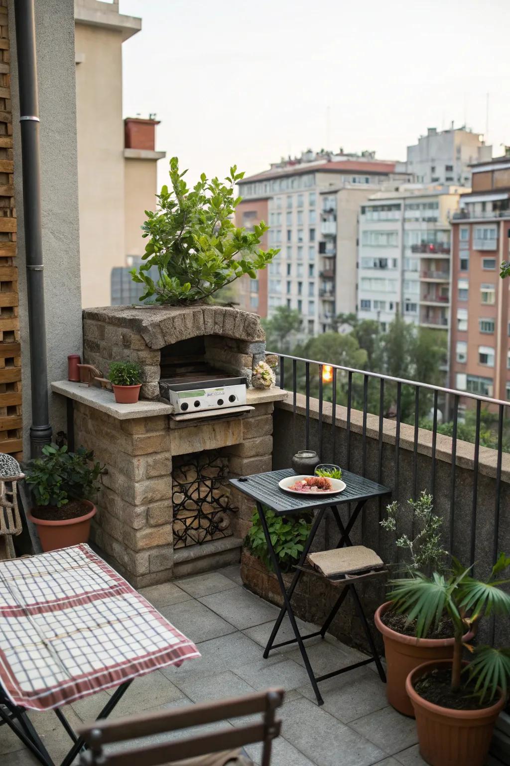 A space-saving stone BBQ is suited for urban living spaces.
