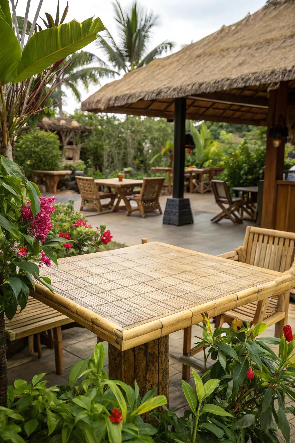 Cane table tops offer sustainability with an exotic, tropical flair.