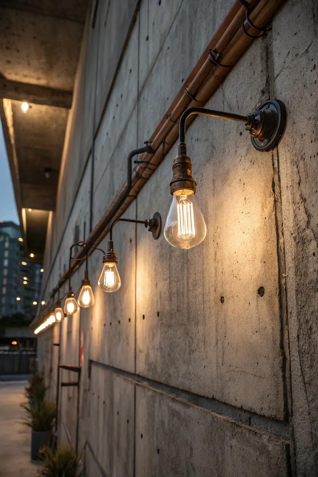 Exposed bulbs give an industrial edge to outdoor lighting.