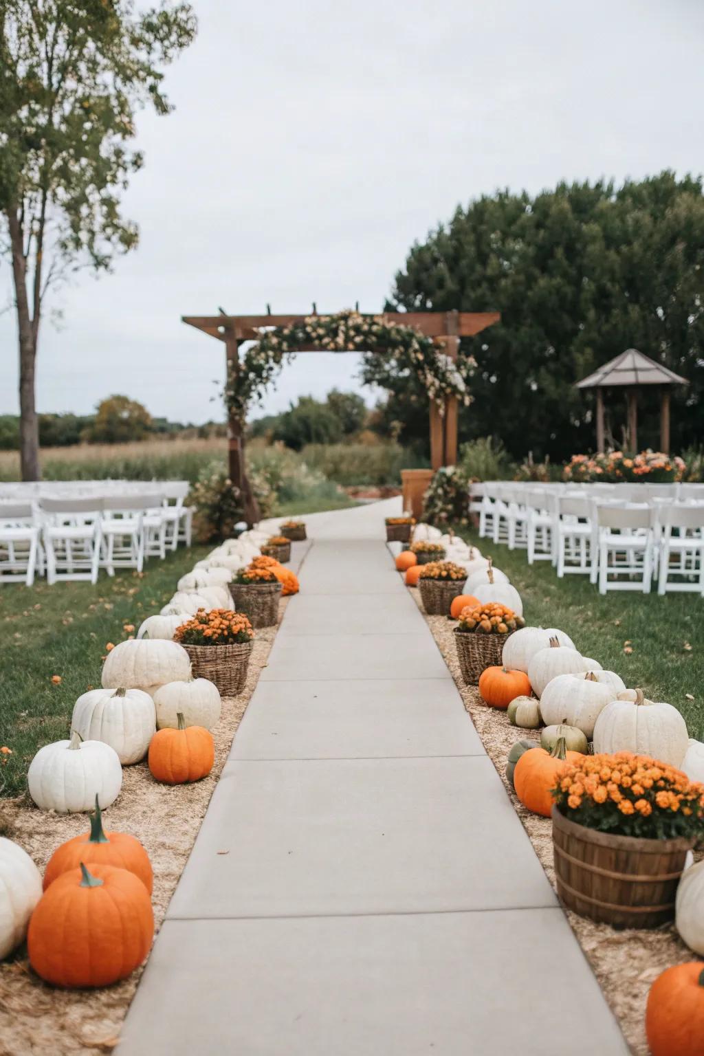 In-season squash add a harvest feel to the wedding path.