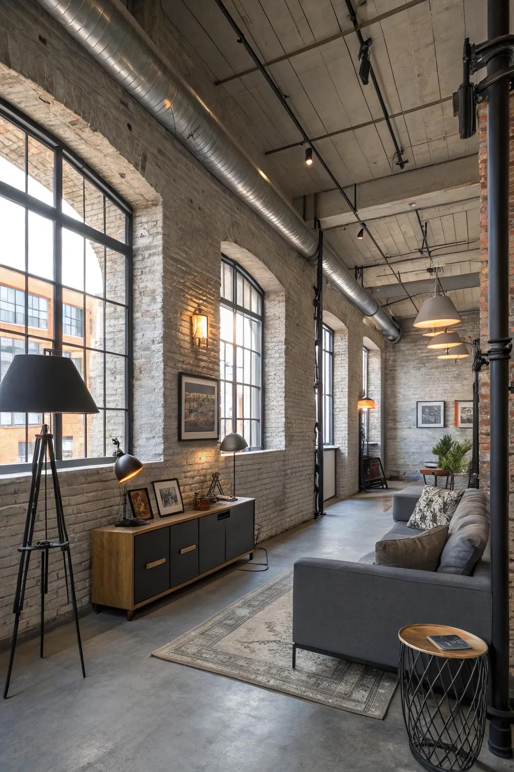 An urban flat showcasing industrial charm with its ash washed brick wall.