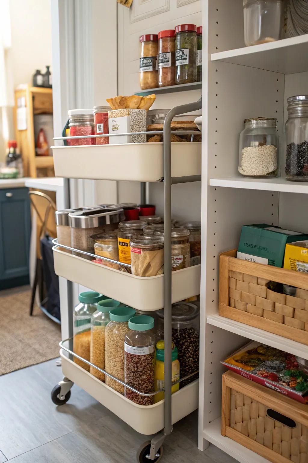 A pantry displaying a mobile storage cart, perfect for versatile arranging.