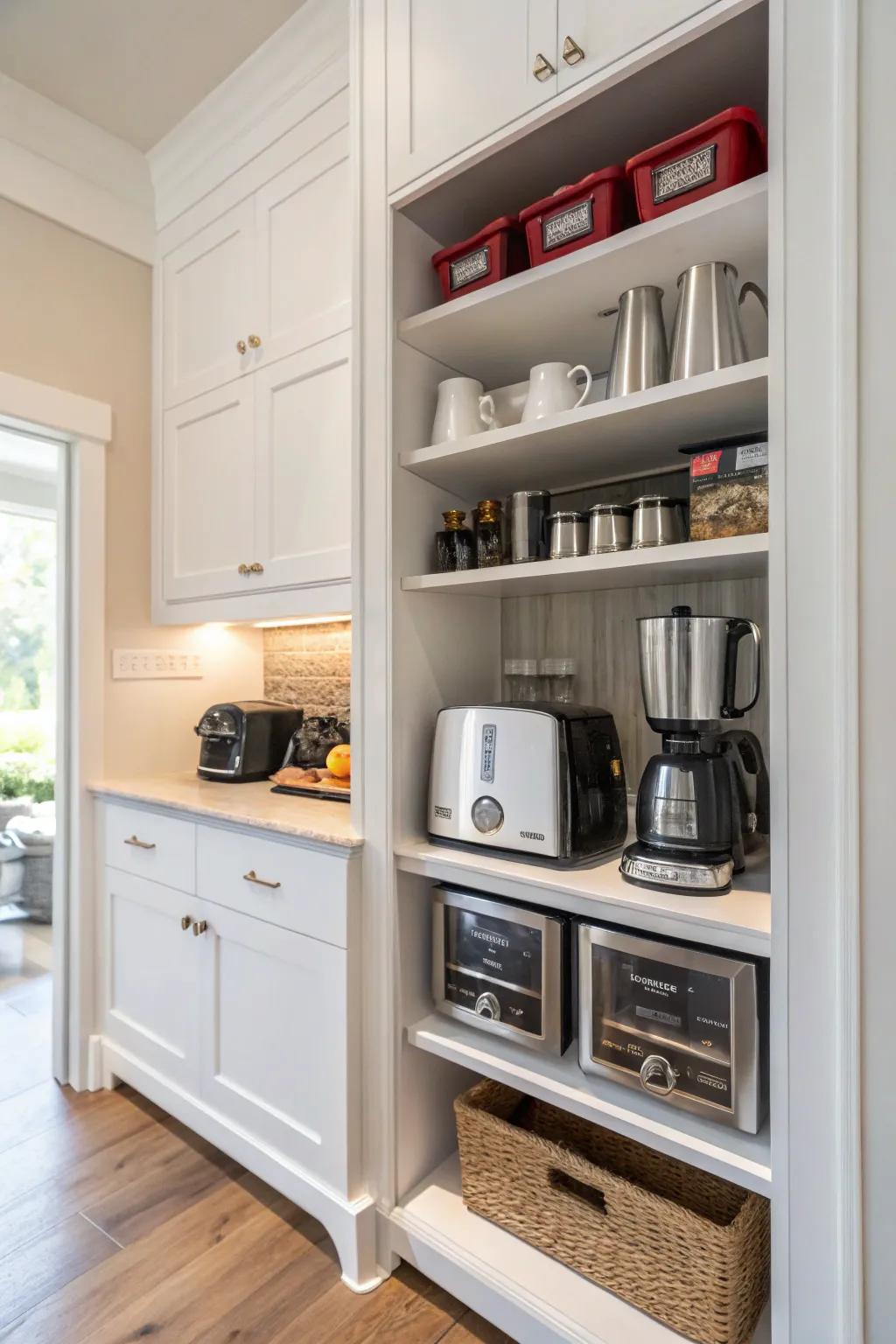 Integrated cabinets in a pantry maintain small appliances arranged and reachable.