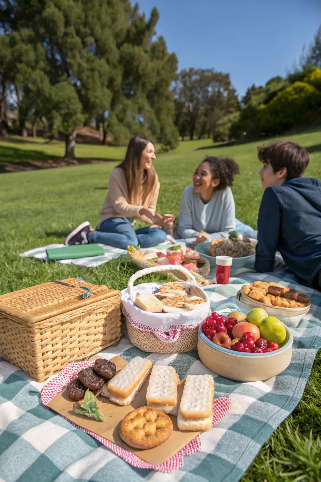 Teens savoring a delightful picnic in a scenic greenspace setting.