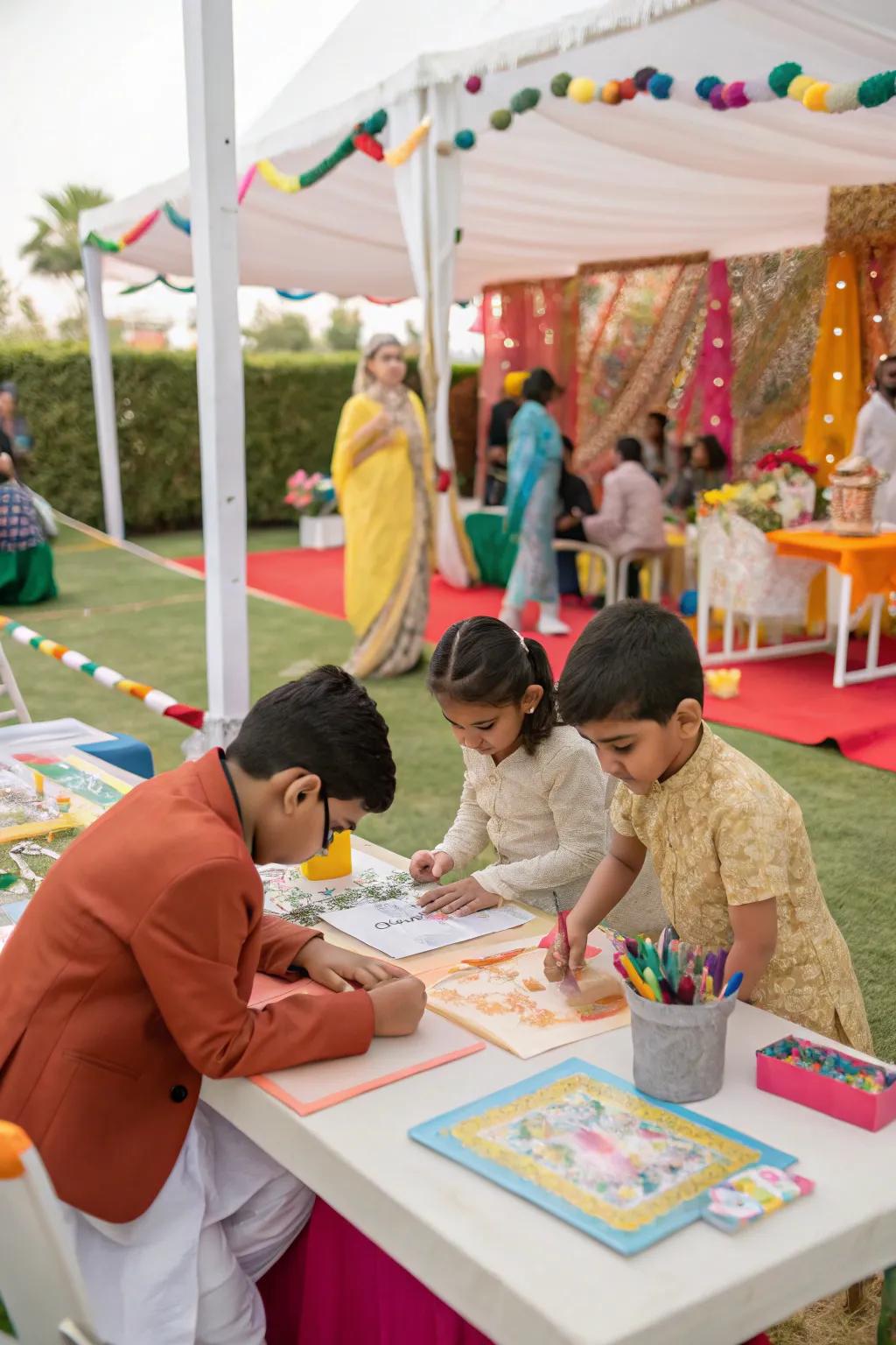 An engaging hands-on activity center keeping the little ones entertained at a rice-feeding ceremony.