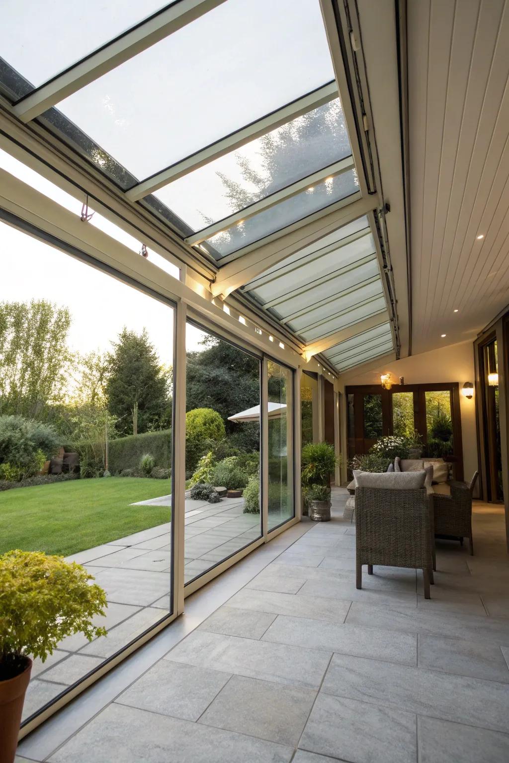 Retractable glass roofing provides flexible and stylish rain safeguarding.