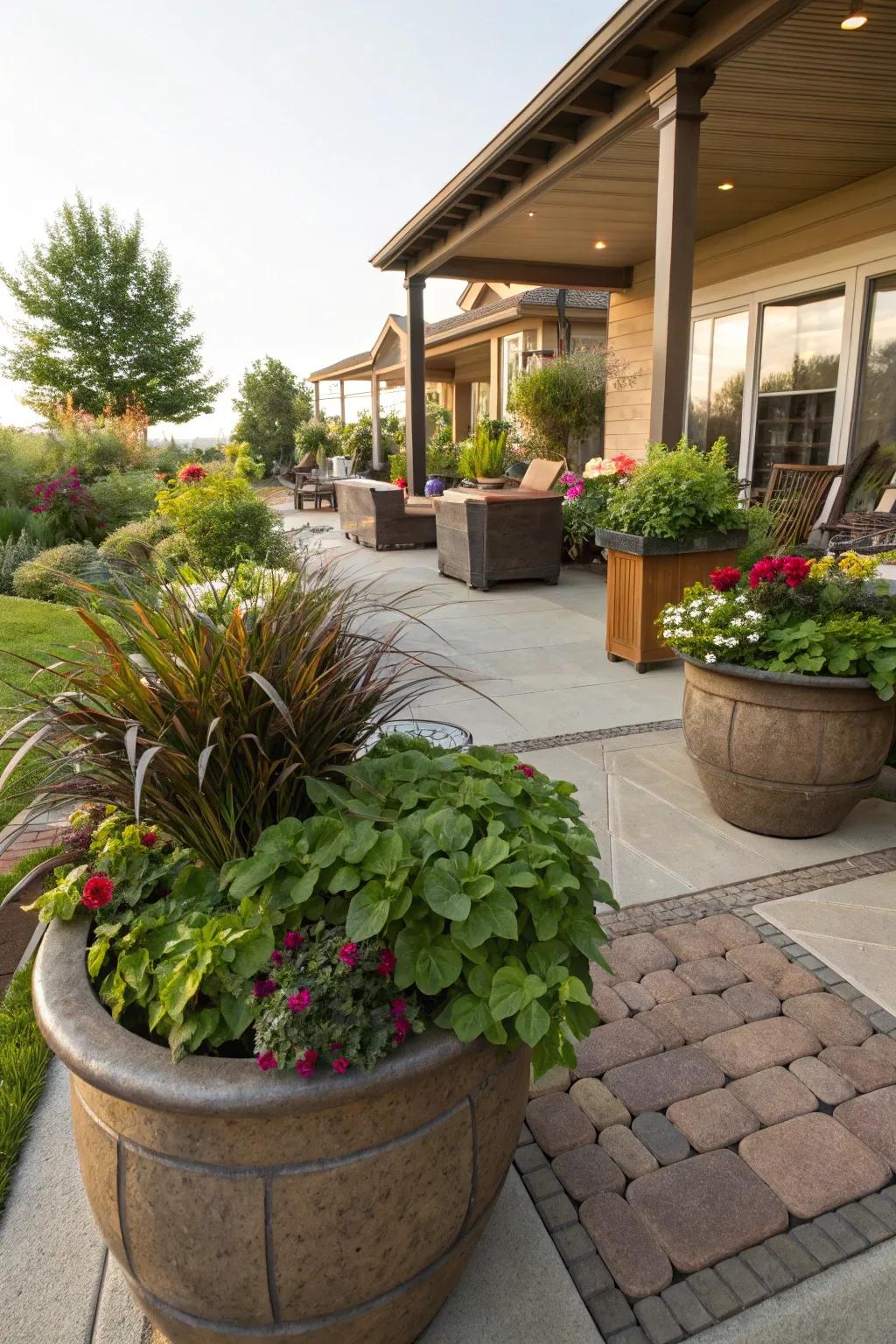 Vases act as inherent dividers while imparting verdure.