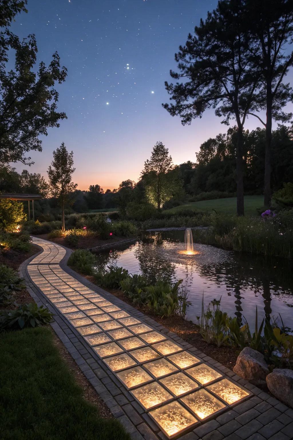 A magical glass walkway shimmering by a peaceful lake.
