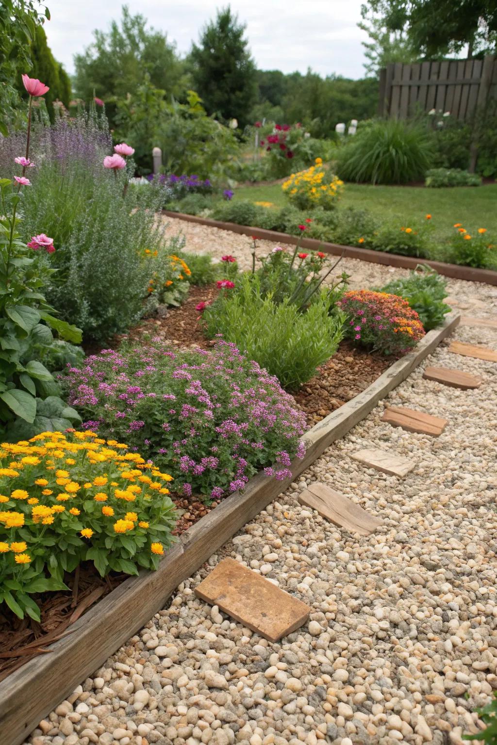 Vibrant flowerbeds boosted by gravel and mulch.