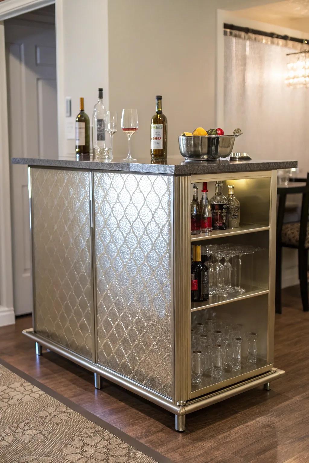 Provide your mini bar a polished makeover with metallic wallpaper.