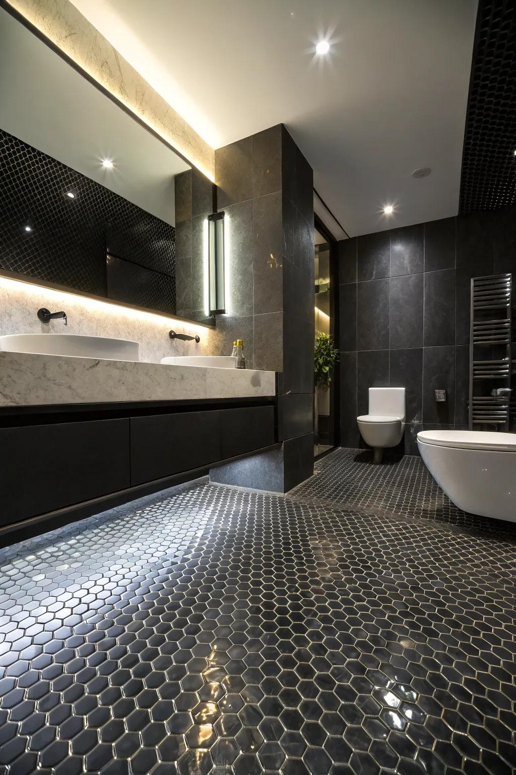 Sophisticated and dramatic bathing room with obsidian penny rounds.