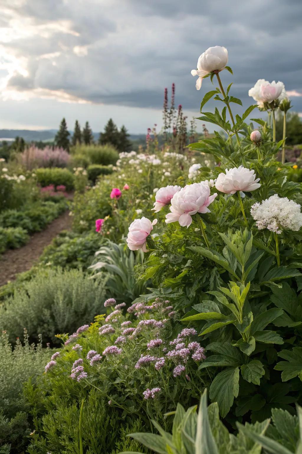A harmonious fusion of peonies and herbs forming a functional garden.