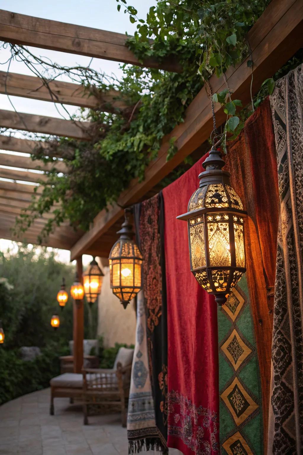 Moroccan elements inject an exotic nuance, cultivating an inviting and snug expanse.