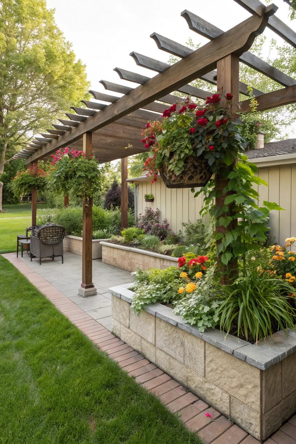 Integrate planters into your pergola for a lush, verdant touch.