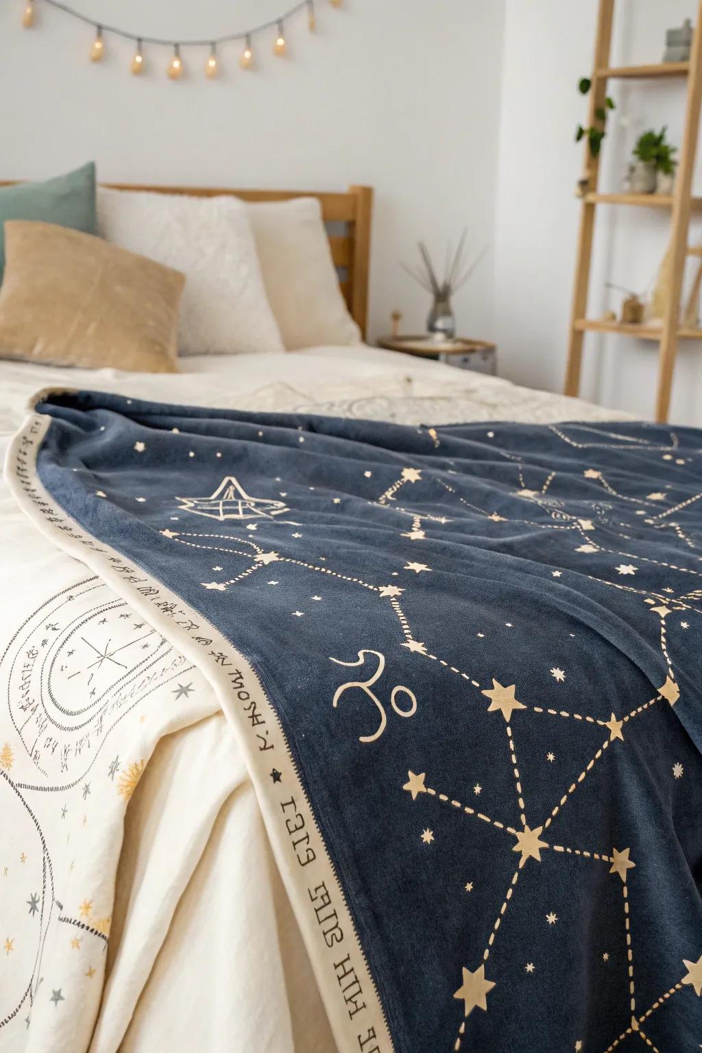 A throw featuring a zodiac constellation design, ideal for astrology enthusiasts.