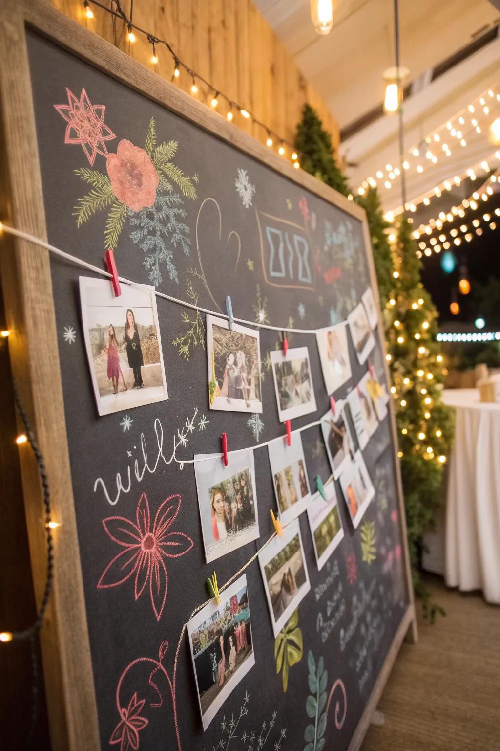 A chalkboard photo wall invites personal messages and adds fun.