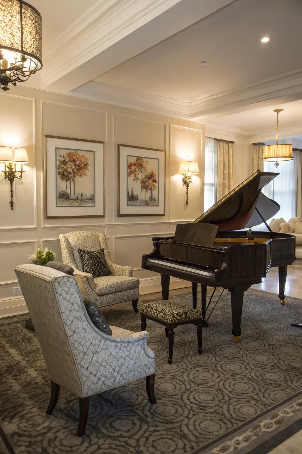 Supporting chairs introduce design and utility to the piano space.