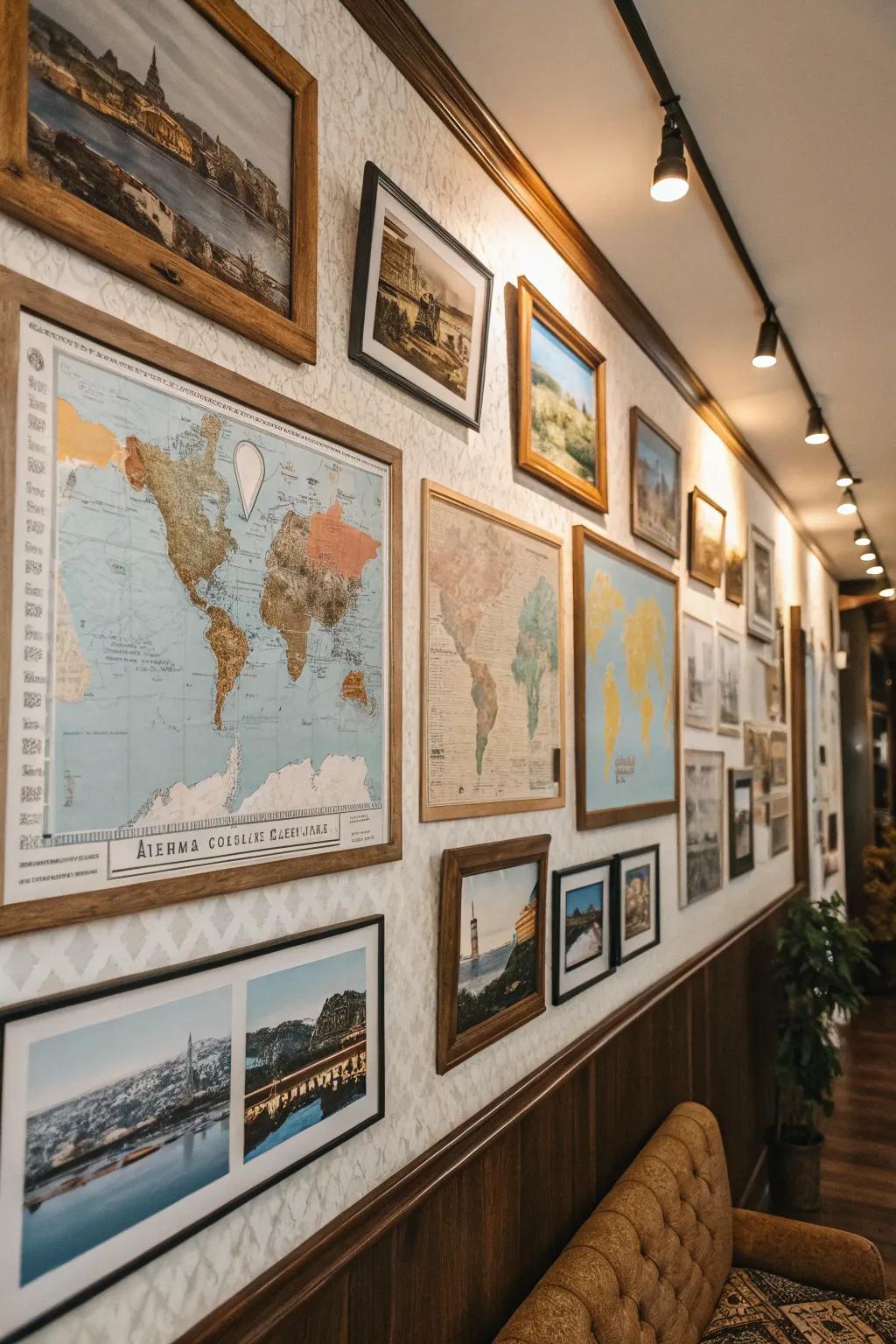 A themed picture wall centered around travel.