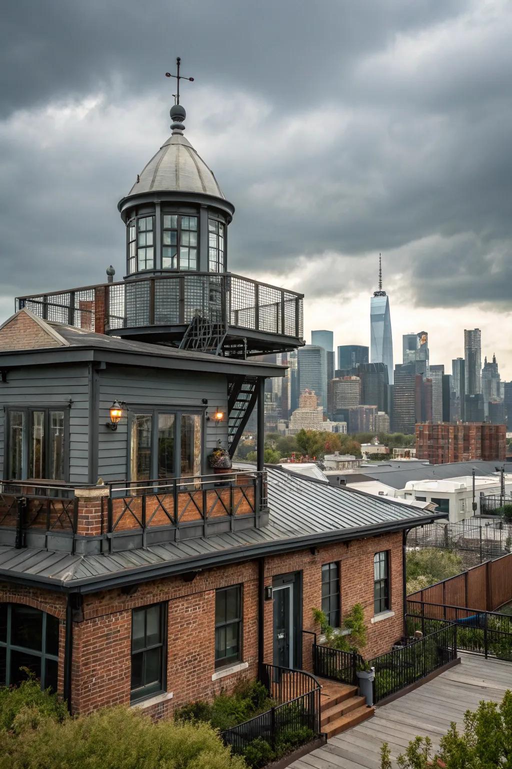 An industrial-style house featuring a chic metal cupola.