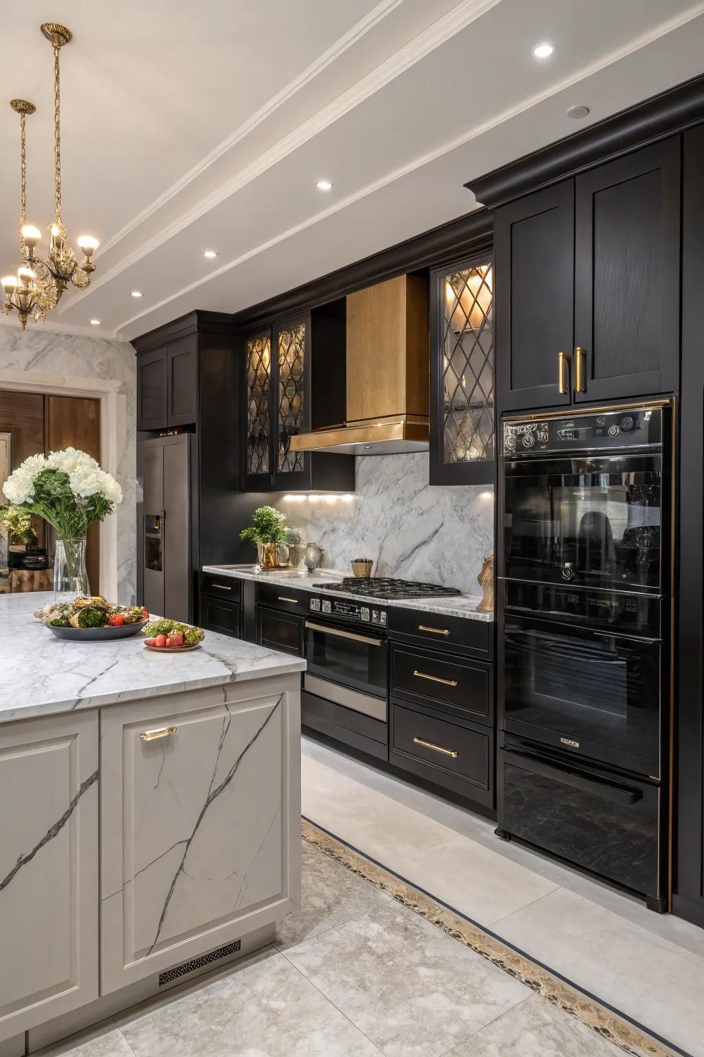 Stone and dark appliances bring luxury to the kitchen.