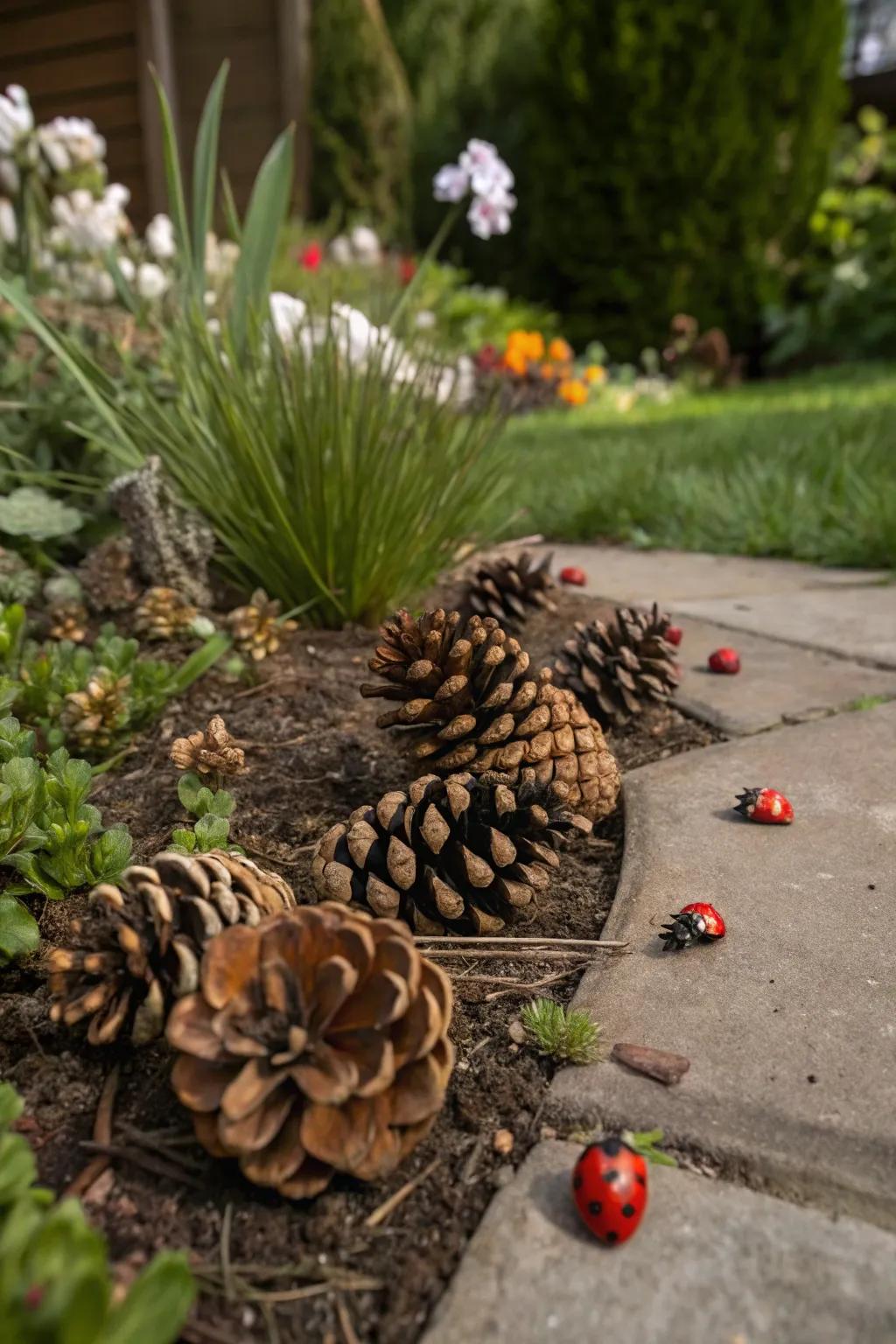 Pinecones provide shelter for beneficial insects like ladybugs.