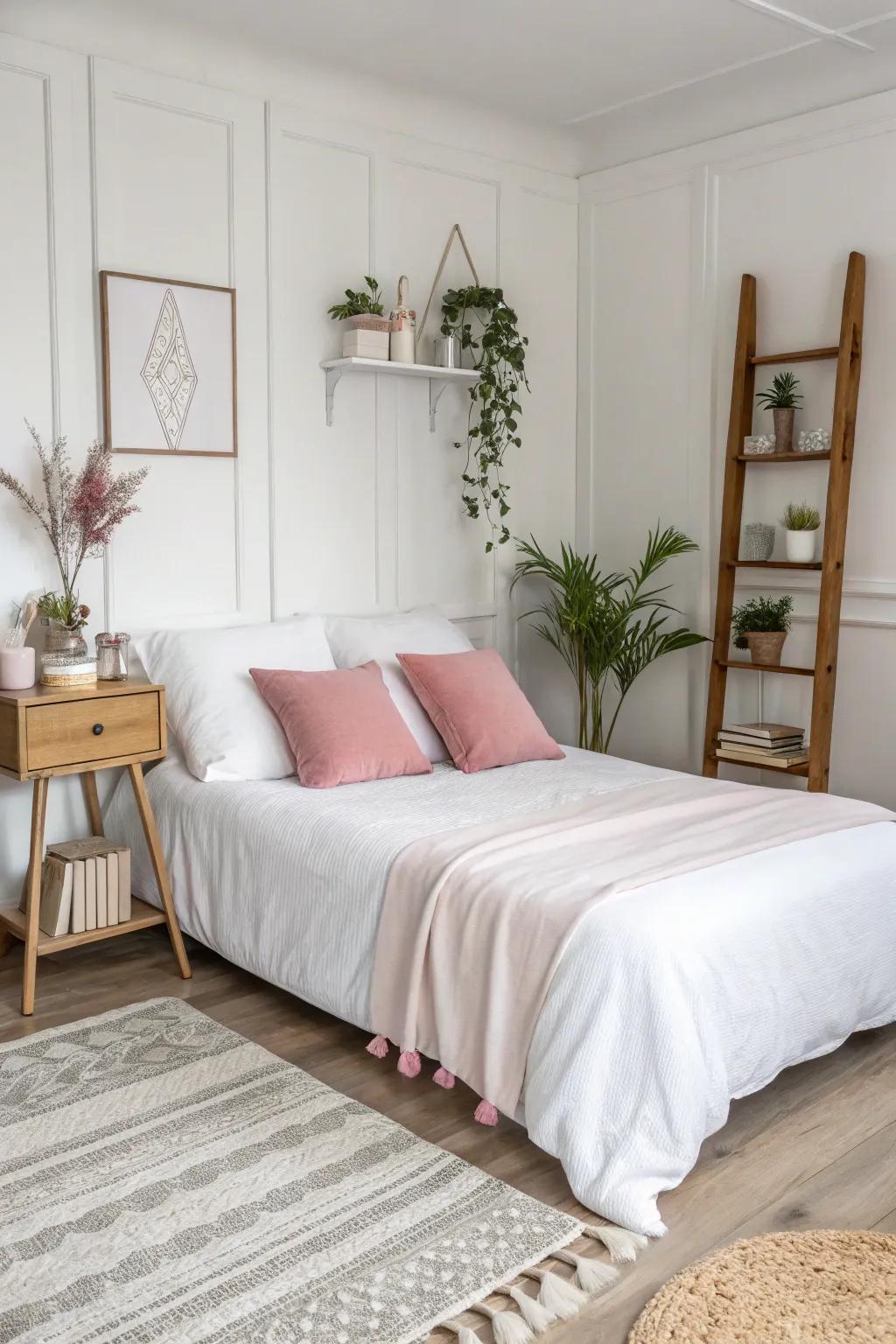 Chalk petal and rose hint fashion a minimalistic yet warm bedroom.