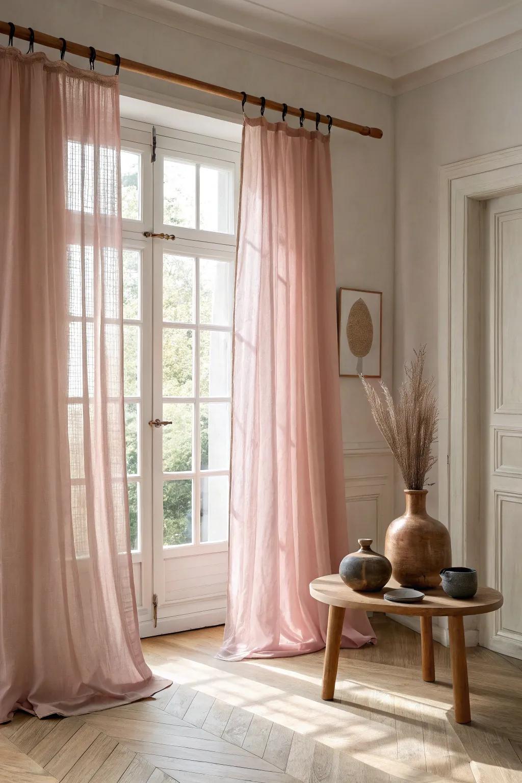 Delicate, rose drapes transform the illumination, contributing a hint of elegance to your creative haven.