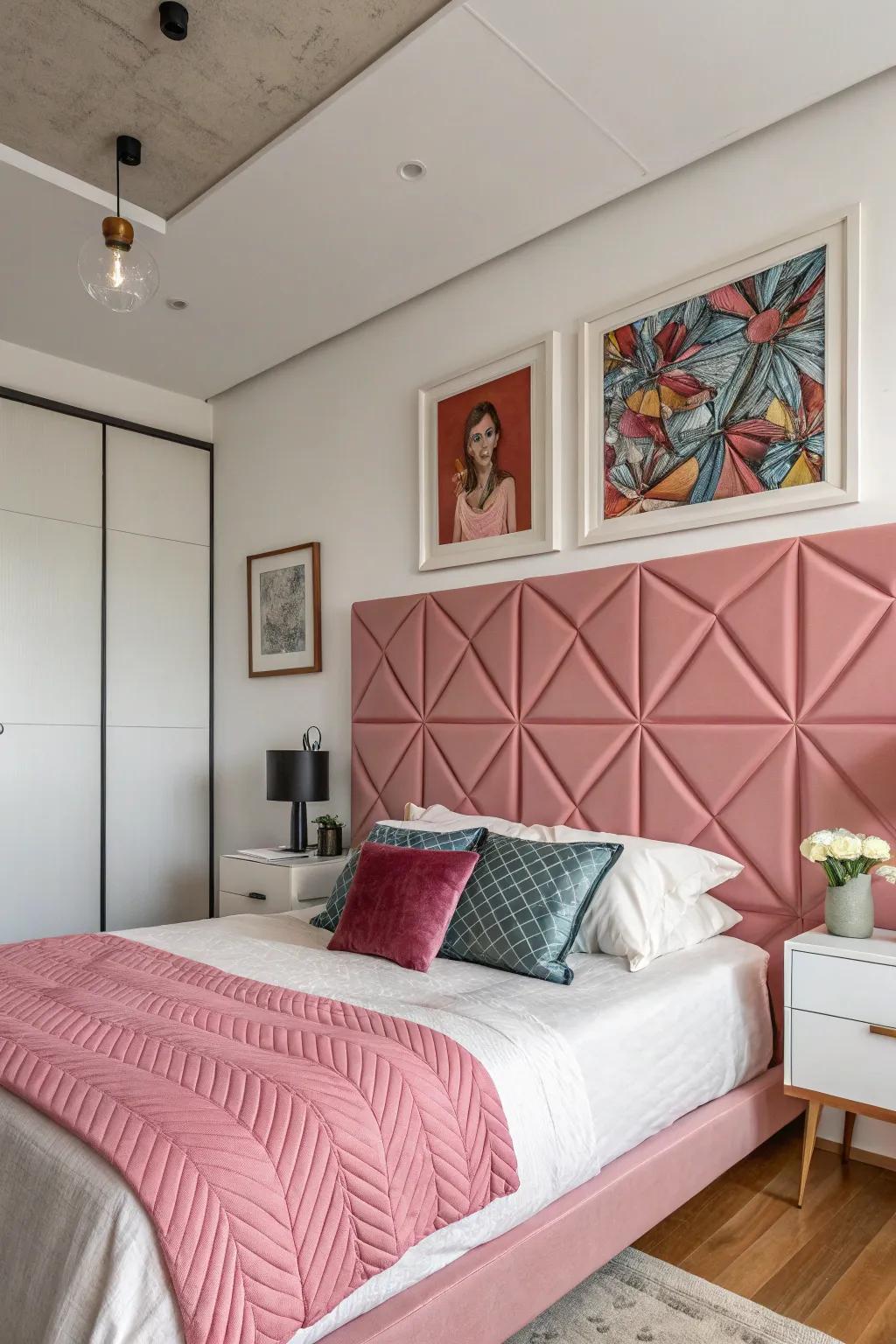 A trendy and modern room with a rosy patterned headboard.