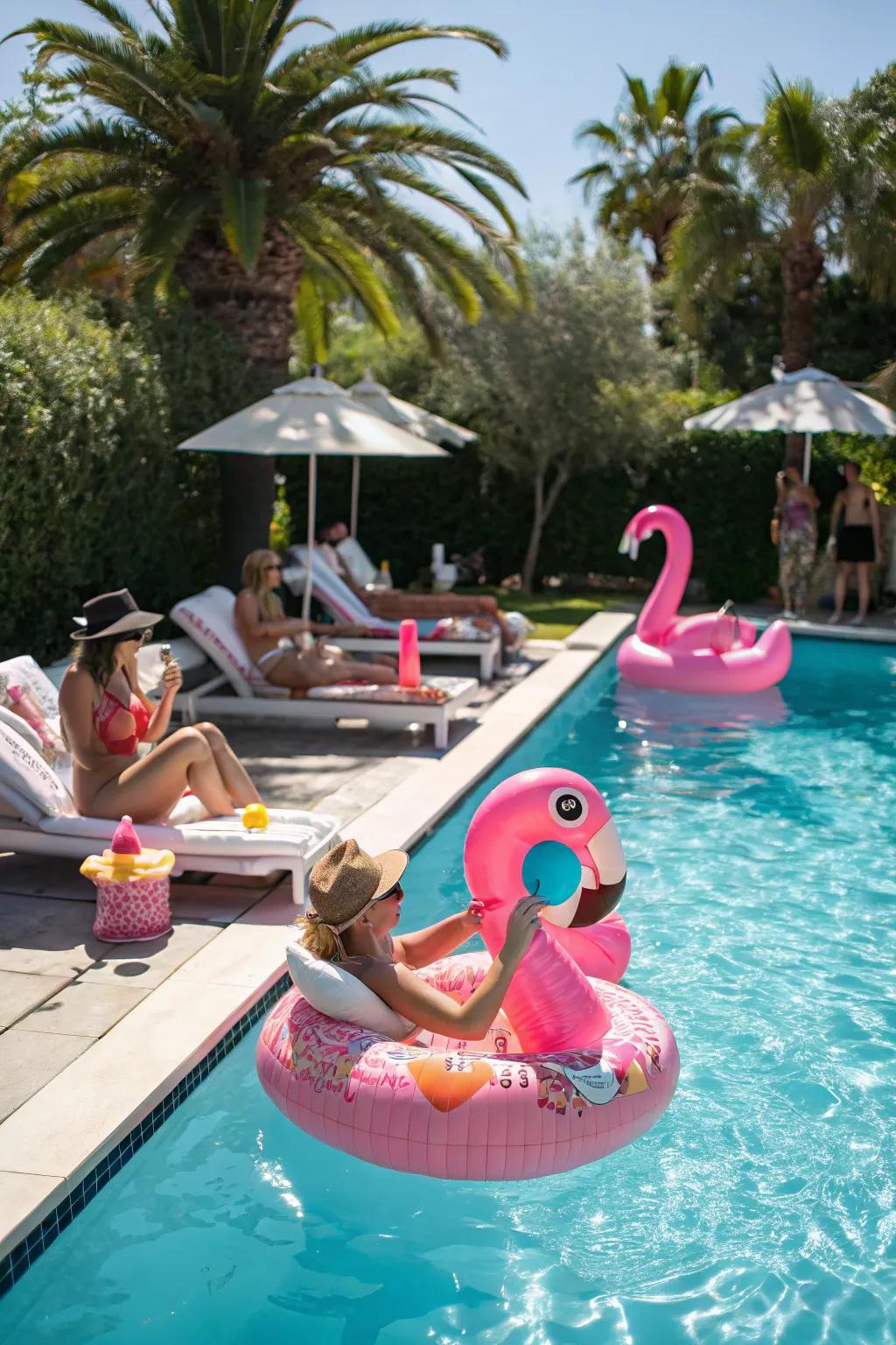 Flamingo floaters introduce a playful rose-colored touch to poolside celebrations.