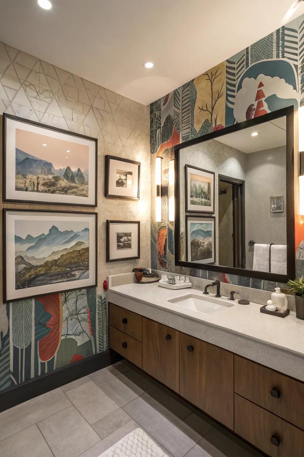 Artistic enhancements personalize and elevate bathroom spaces.