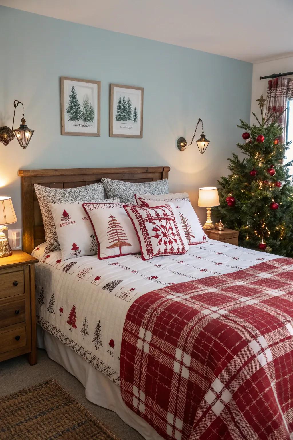 Refresh your bedroom with festive bedding for a cozy holiday retreat.
