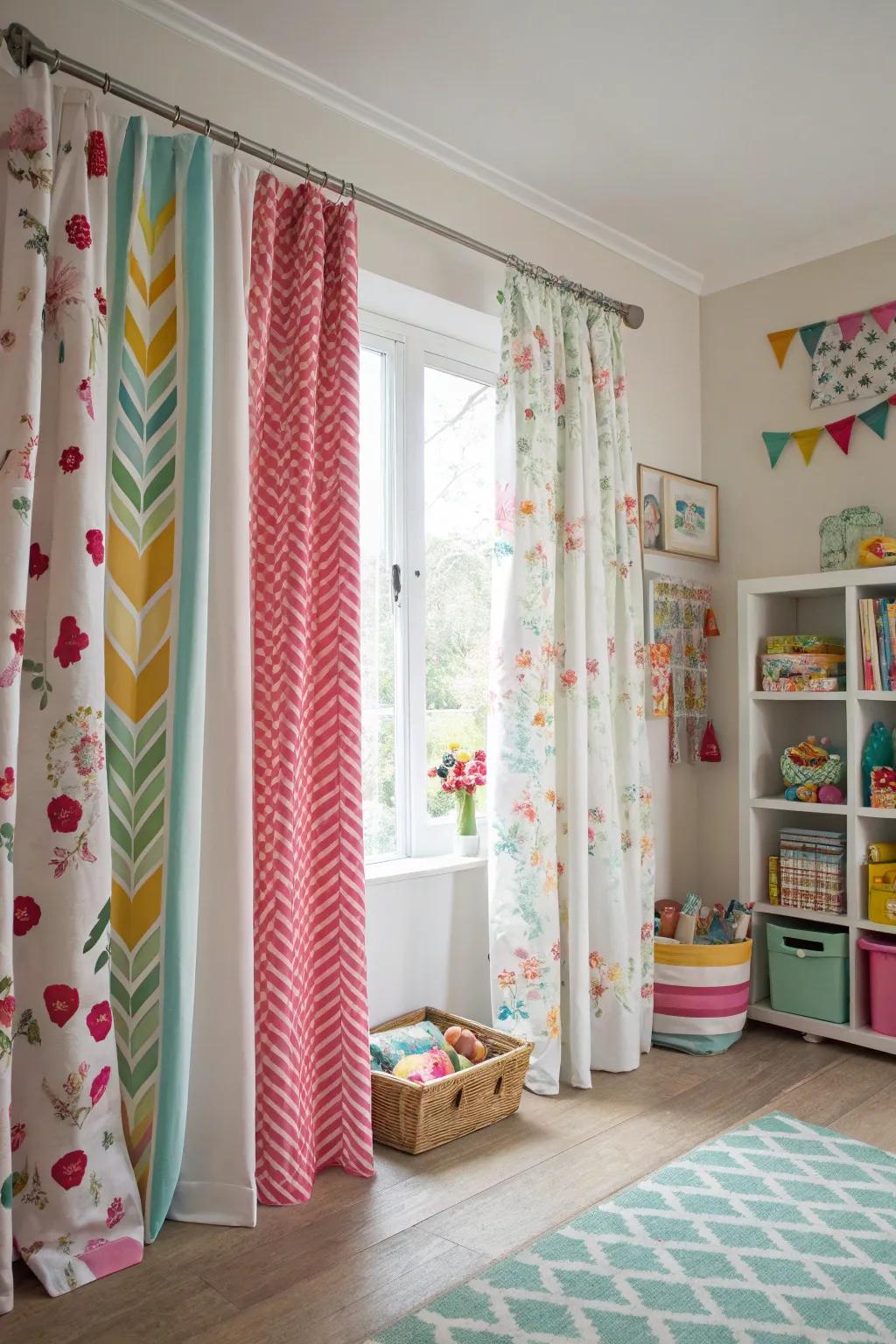 Mixing curtain styles adds a layer of visual intrigue to the playroom.