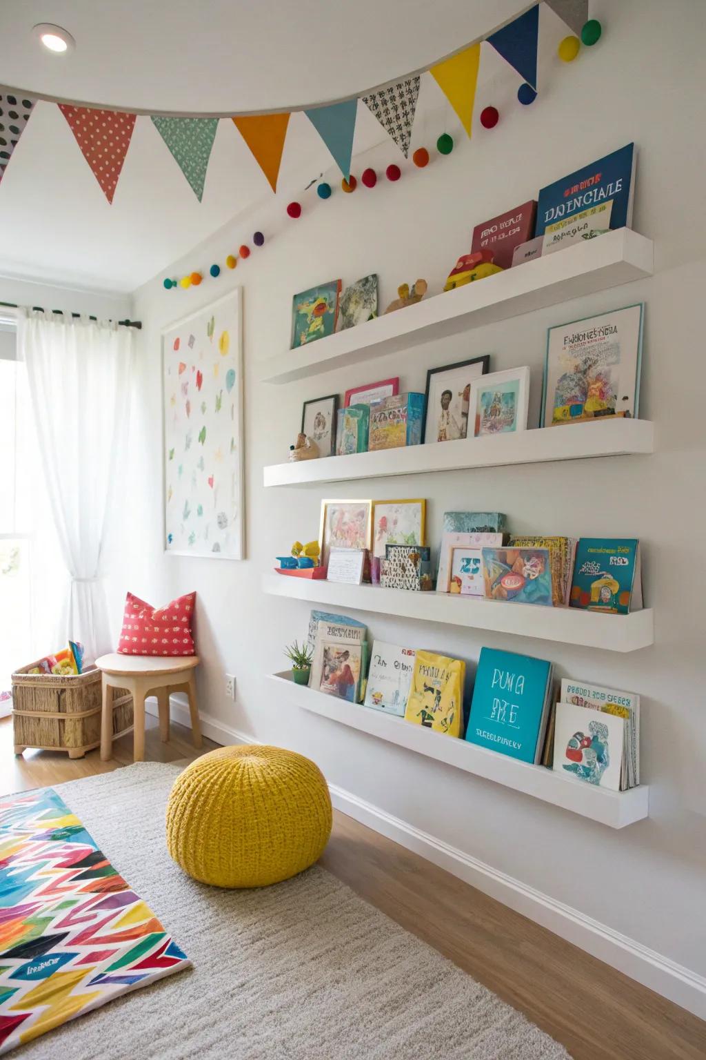 Floating shelves encourage independent reading.