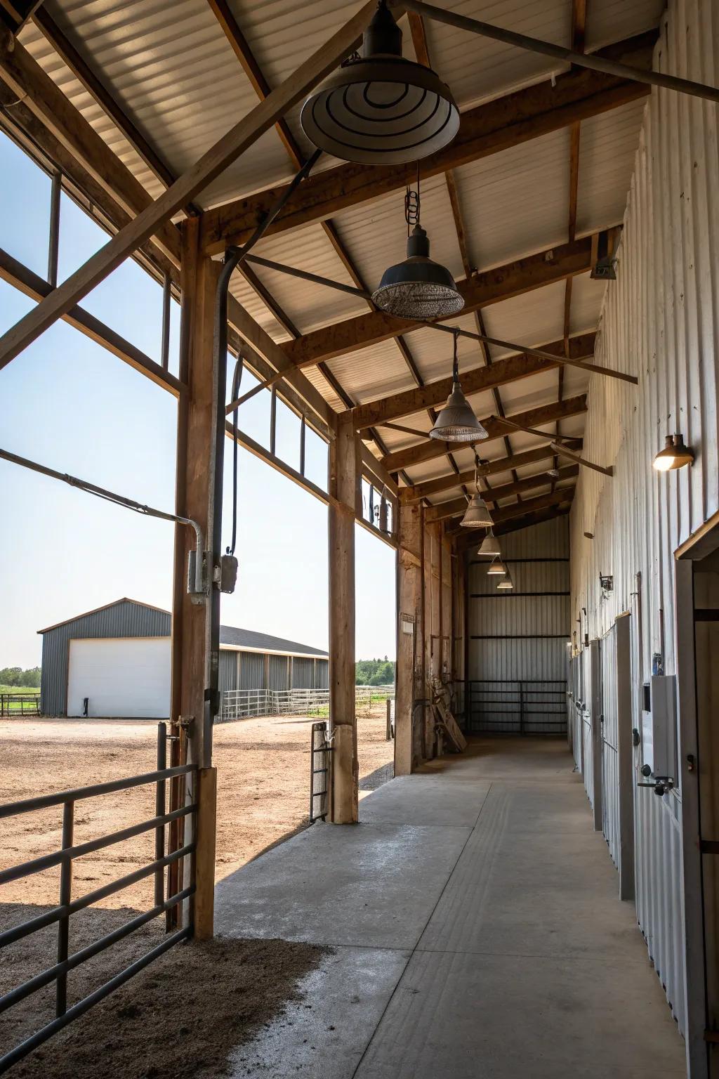 Factory-inspired elements inside a pole barn, with metal fixtures and visible beams.