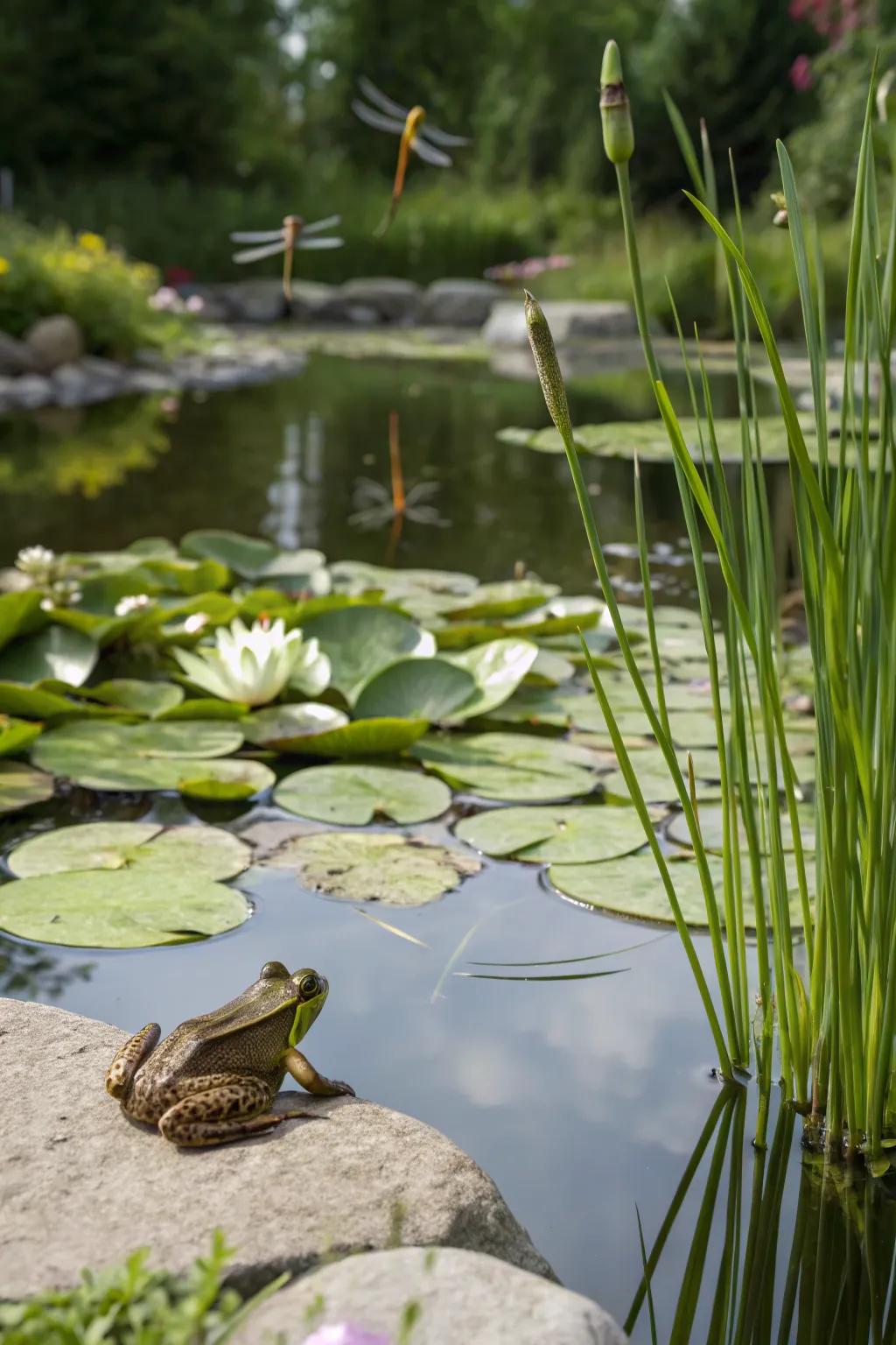 A naturalized pond acting as a haven for local wildlife, creating a miniature ecosystem.