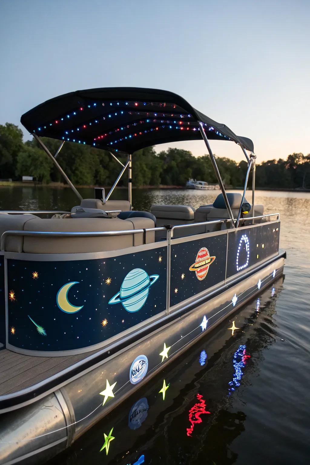 A cosmic-themed pontoon boat featuring celestial decorations.