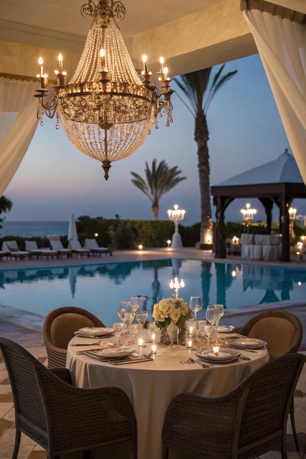A hanging light adds internal sophistication to your poolside dining zone.
