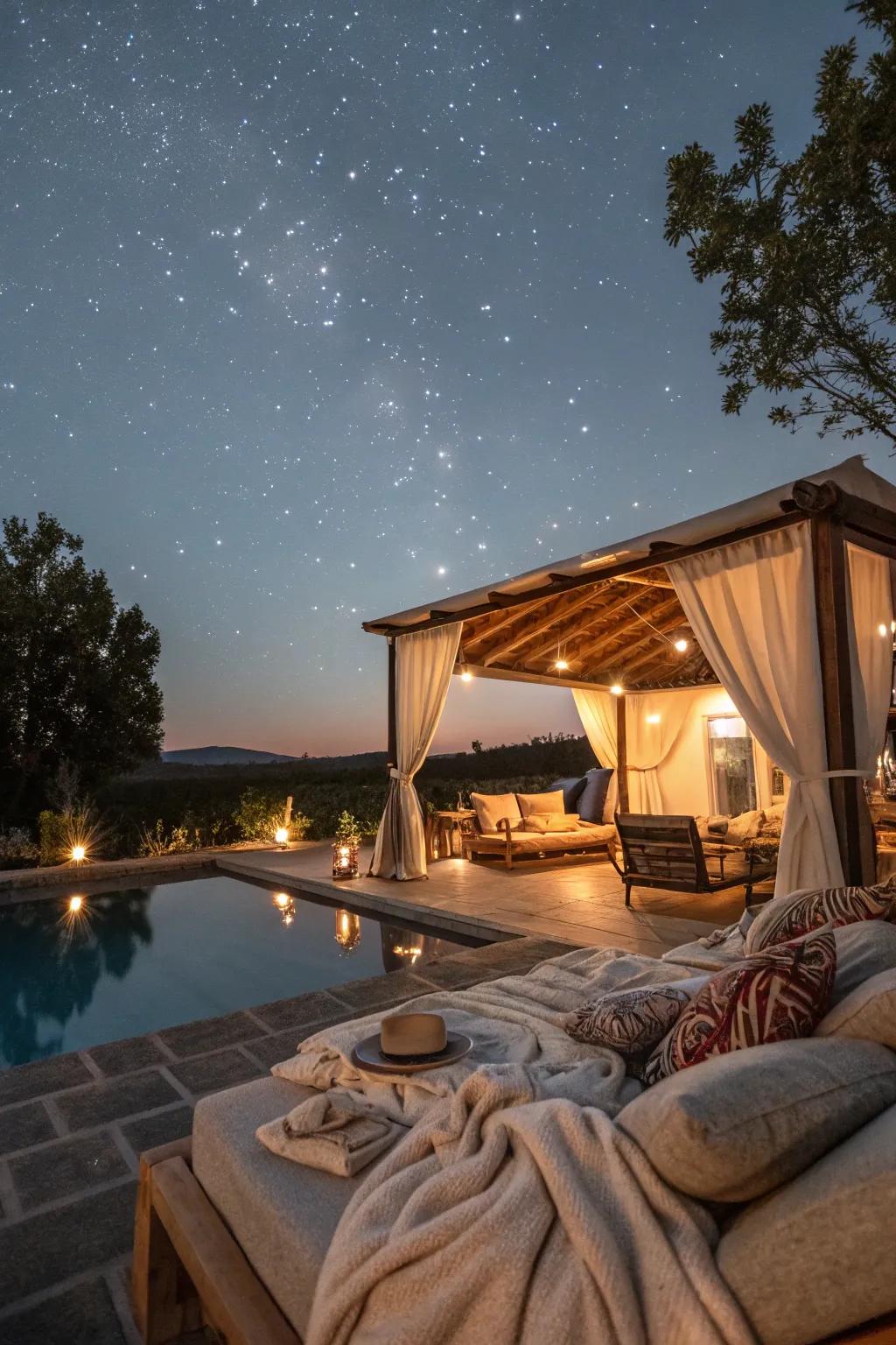 A stargazing cabana shaped for magical night-time relaxation.