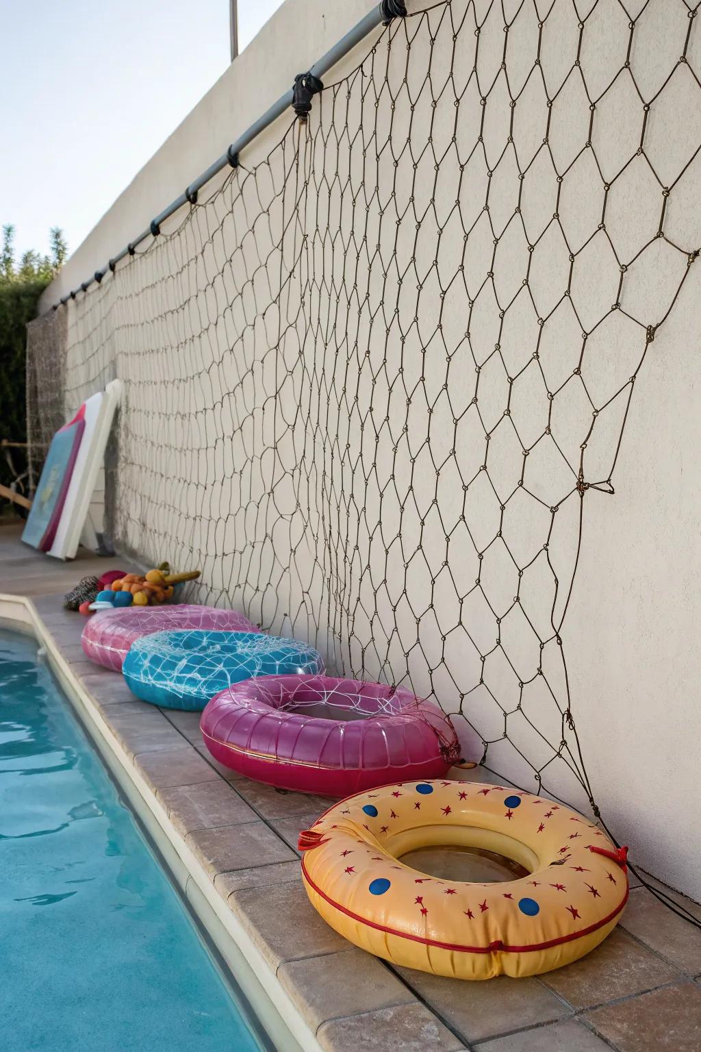 Bungee cord nets furnishing a pliant storage resolution for aquatic playthings.