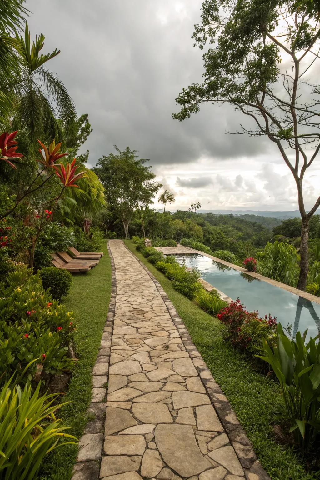 Stone pathways add rustic charm and direct visitors to your pool area.