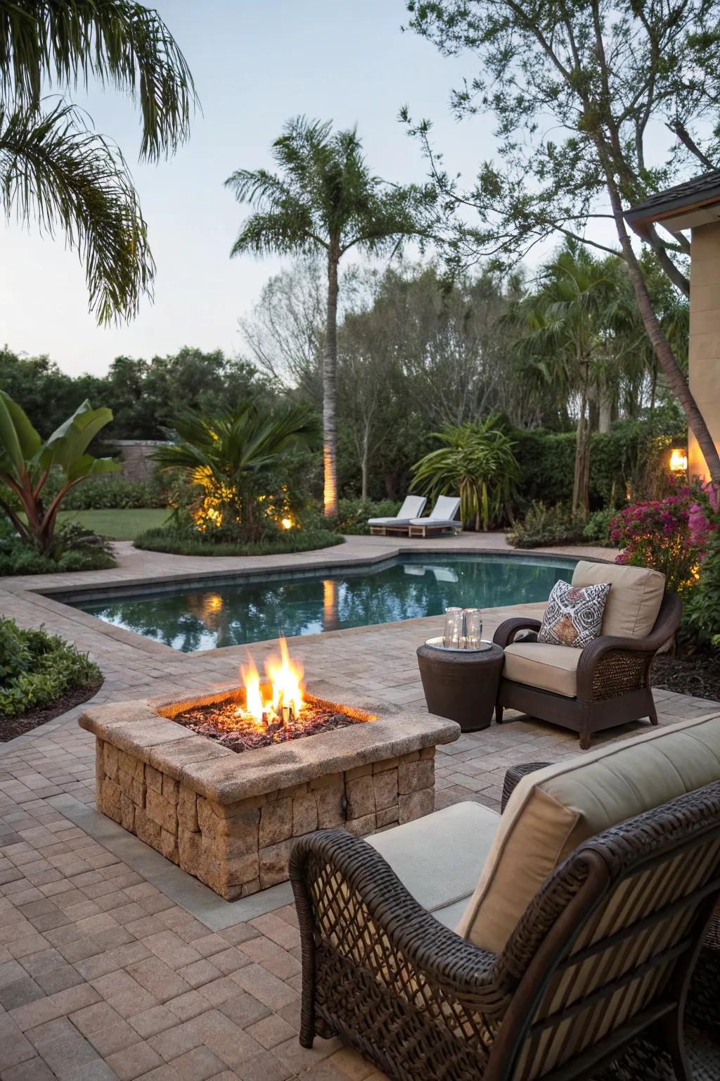 Add warmth and charm with a poolside fire element.