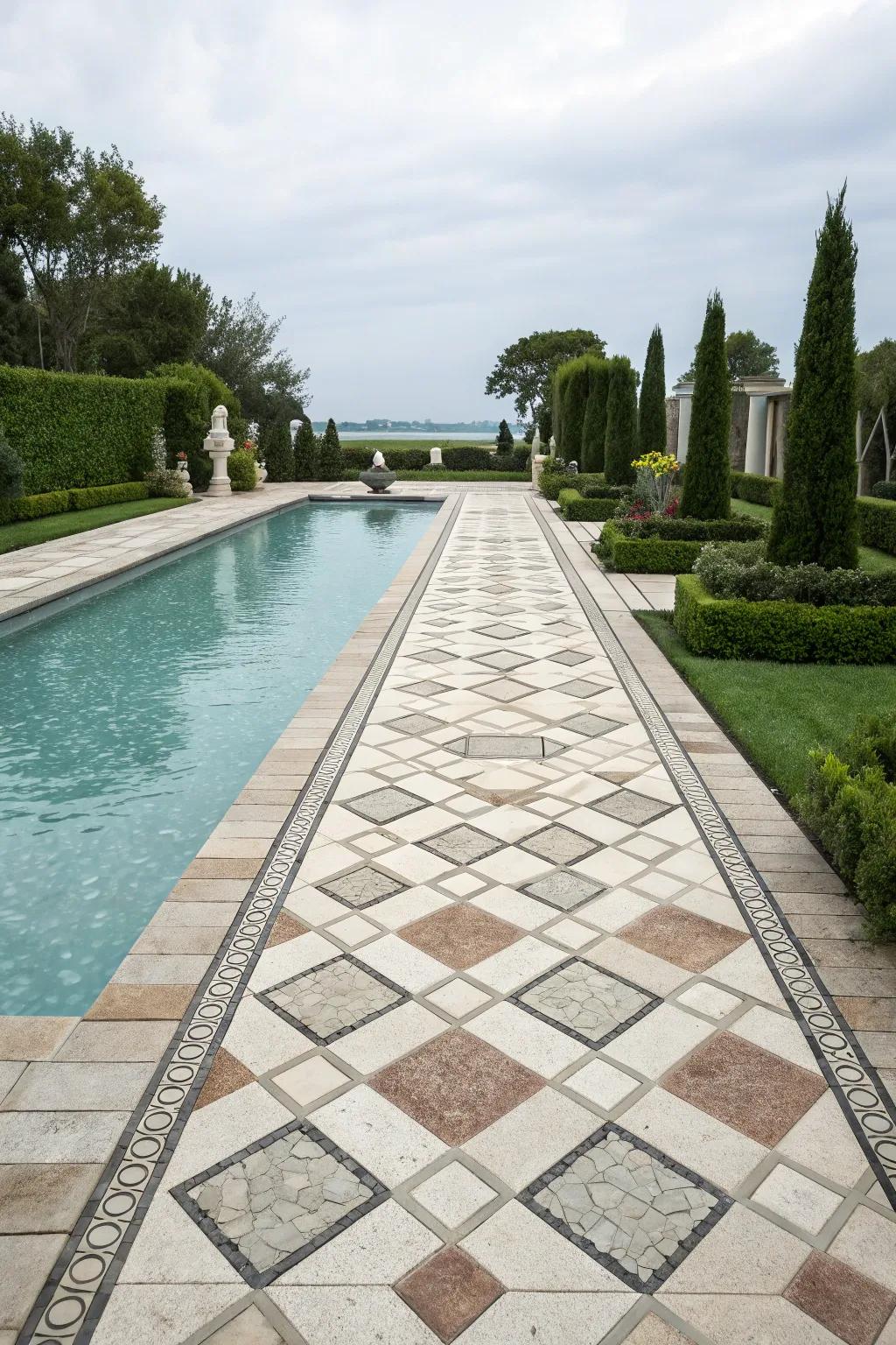 Patterned arrangements bring sophistication to your pool deck.