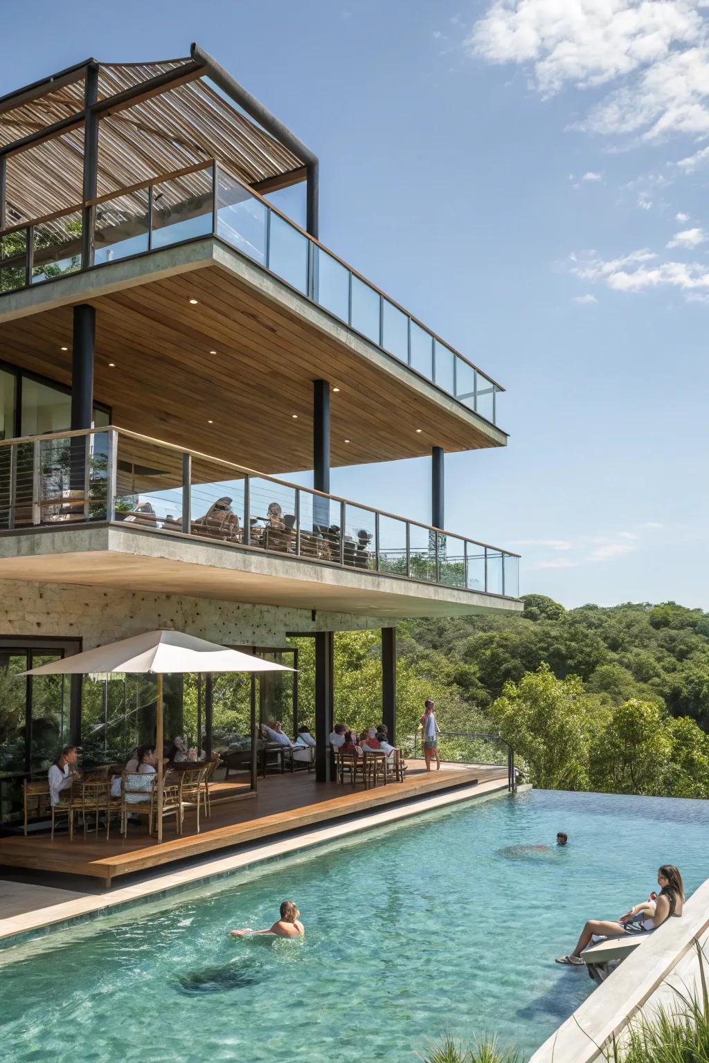 Multi-tiered shelters provide energetic spaces with both sun and shade options.