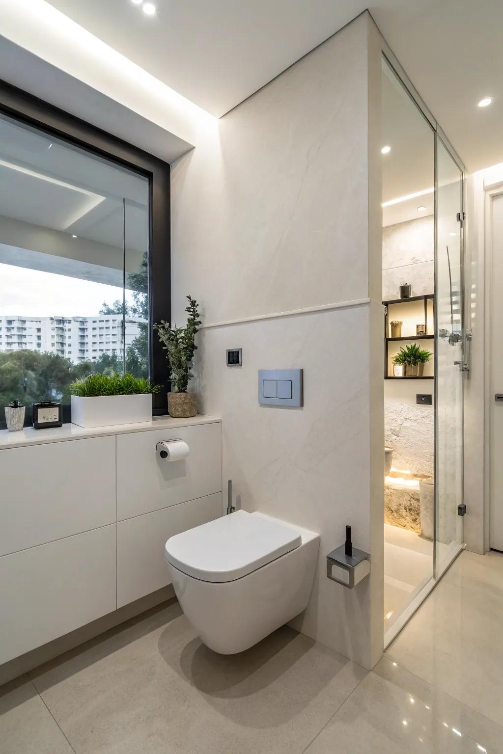 A contemporary washroom featuring a space-efficient fixture.