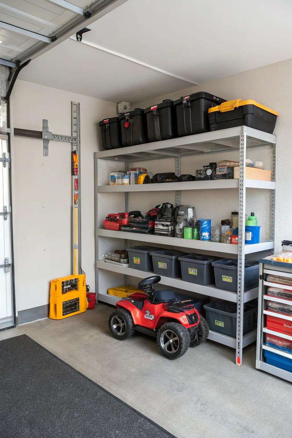Corner shelves optimizing garage space for electric ride-ons.