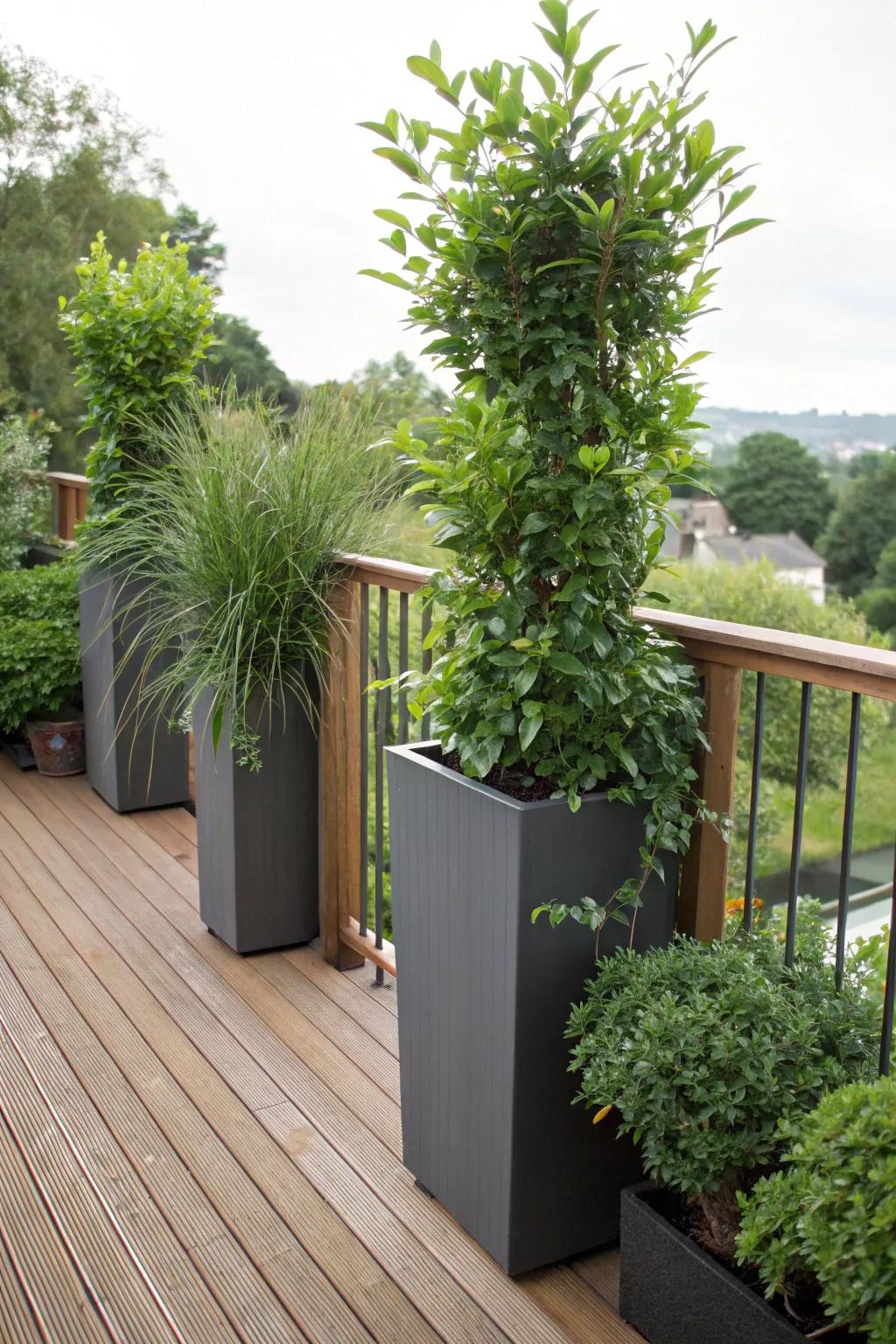 Towering containers serve as innate seclusion safeguards on a deck.