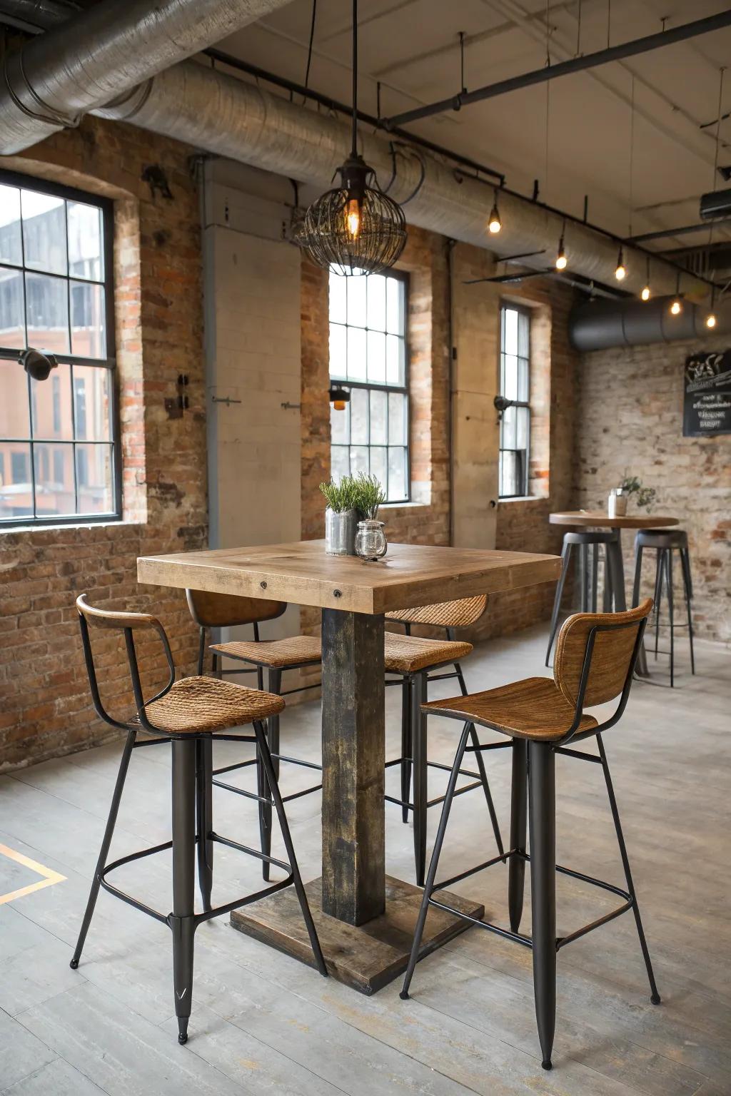 Urban edge meets functionality with industrial chic standing-height tables.